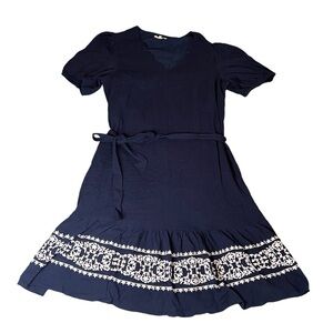Tea n Rose Cotton Cottage Core Navy Prairie Dress with Eyelet Floral Embroidery
